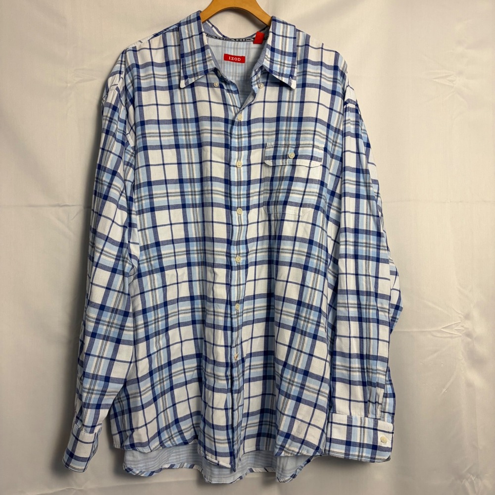 IZOD Mens XXL Blue White Plaid Long Sleeve Button Down Cotton Shirt 45HW663